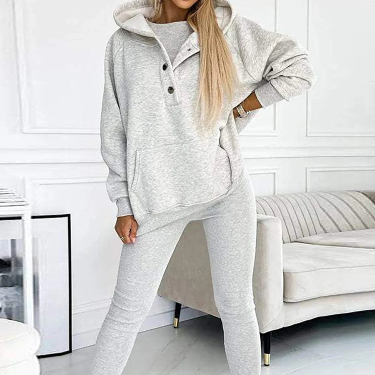 Women's 3-piece sports suit with hooded sweatshirt, vest, and slim trousers in various colours