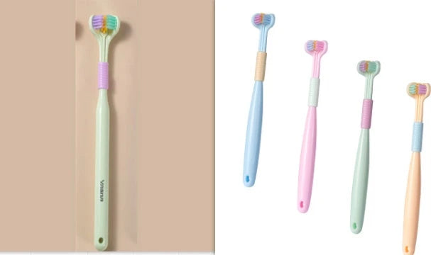 A soft bristle toothbrush with a unique triple-sided brush head for deep cleaning and customizable bristle firmness.
