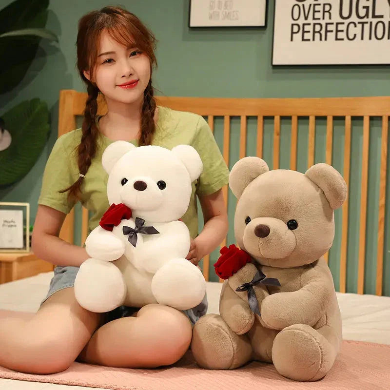 Soft, huggable plush teddy bear pillow with a vivid cartoon design, available in brown, beige, and grey colors and ranging from 10 to 18 inches in height.