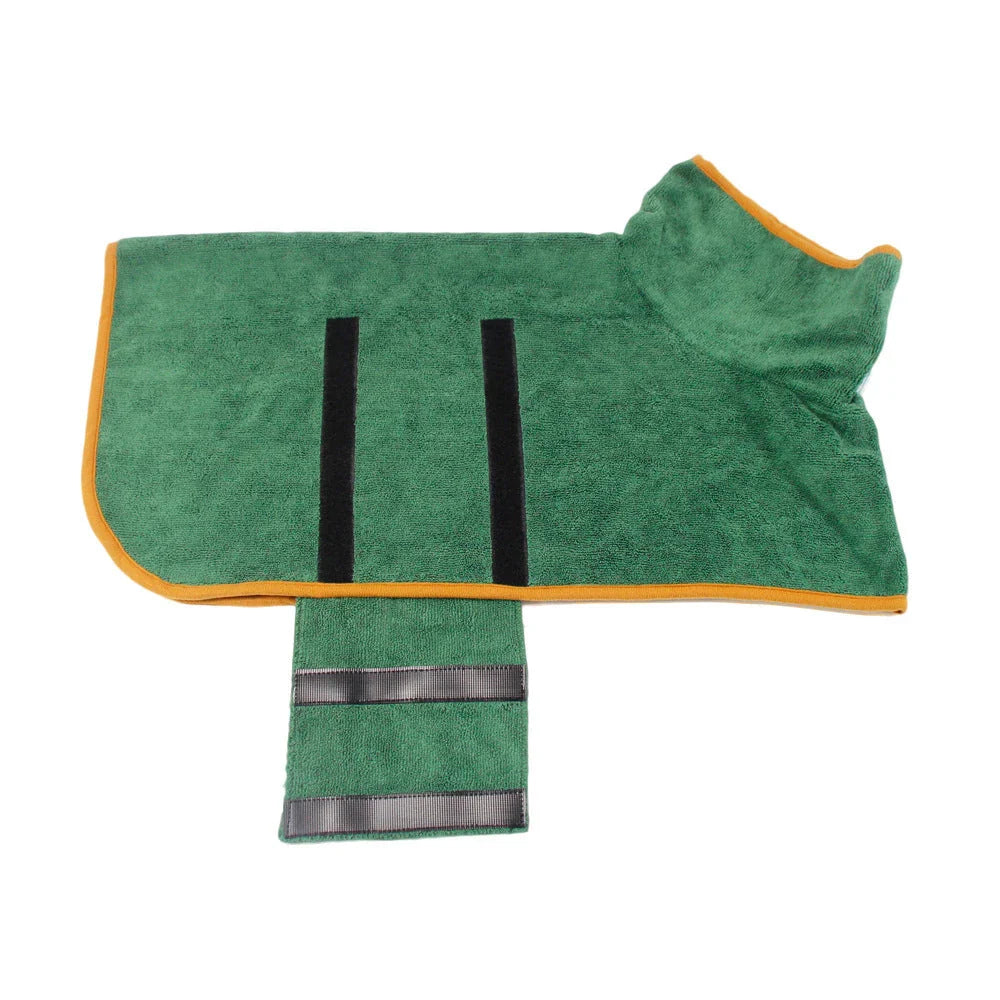 Absorbent pet drying robe with adjustable waist wrap, made of premium microfiber and terry cloth for quick drying and comfort