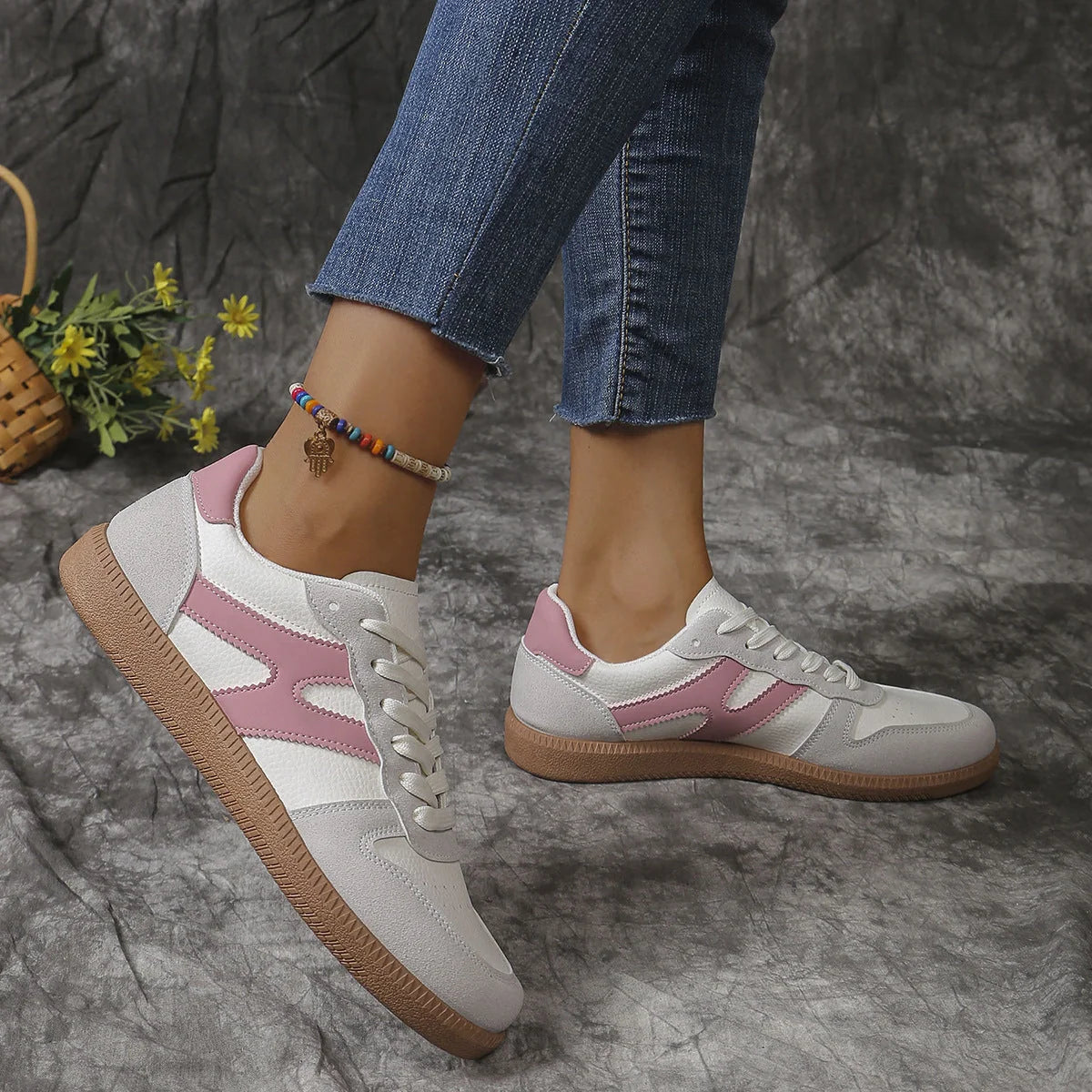 Stylish colourblock lace-up flats for women in black and pink