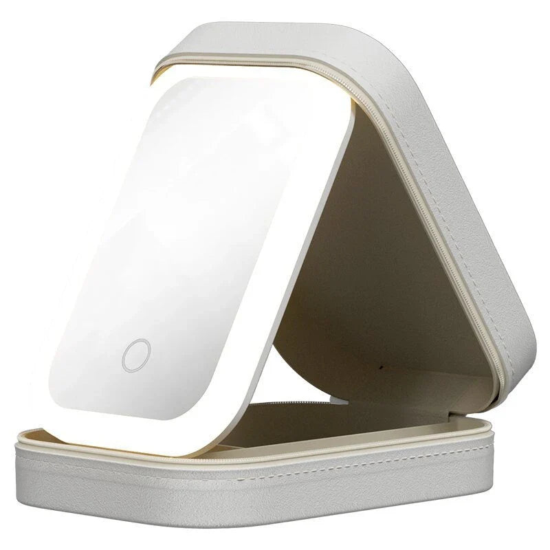 Elegant Lighted Makeup Organizer: Portable Mirror with Adjustable LED Lighting