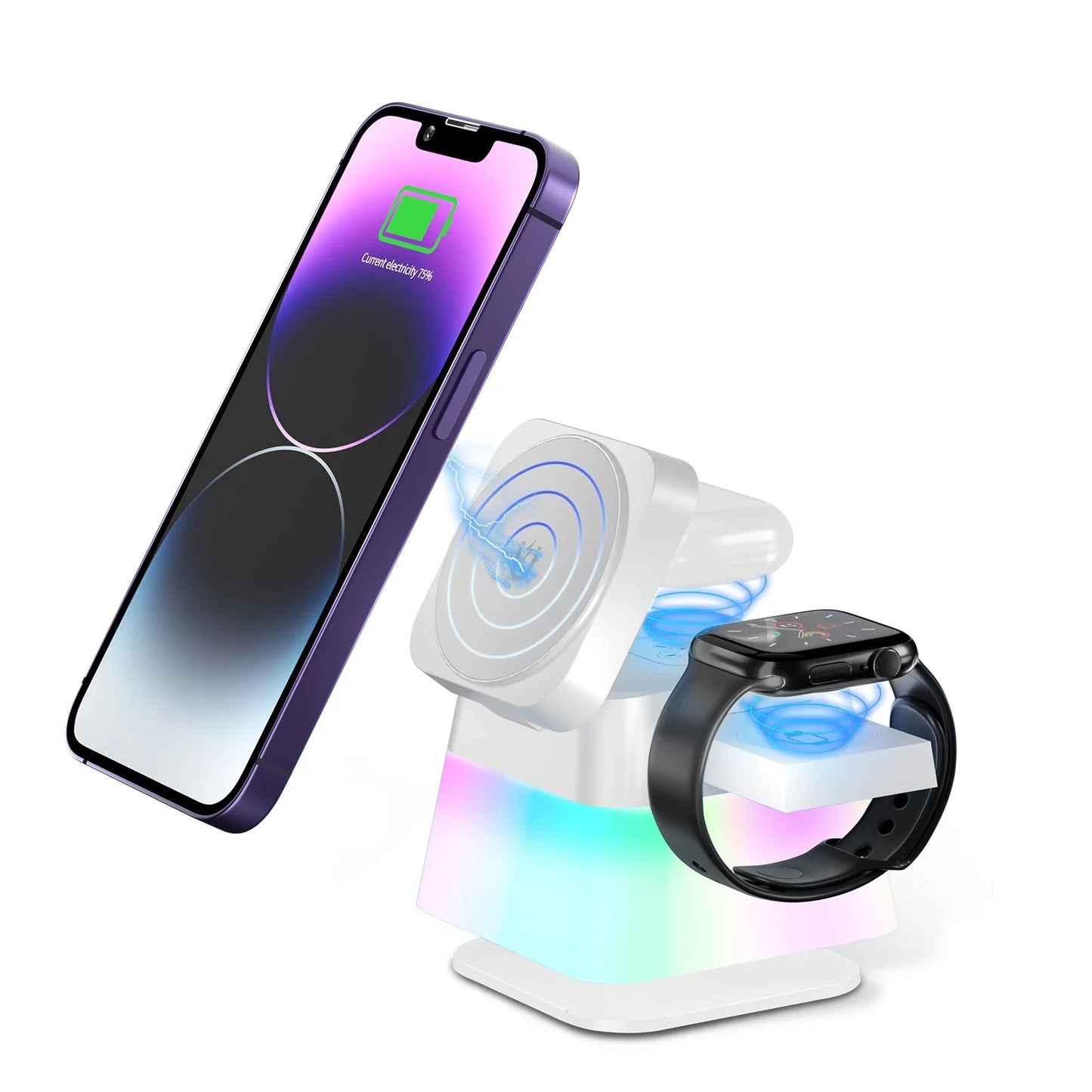 Versatile 4-in-1 wireless charging station with adjustable mood lighting for iPhone, Apple Watch, and AirPods