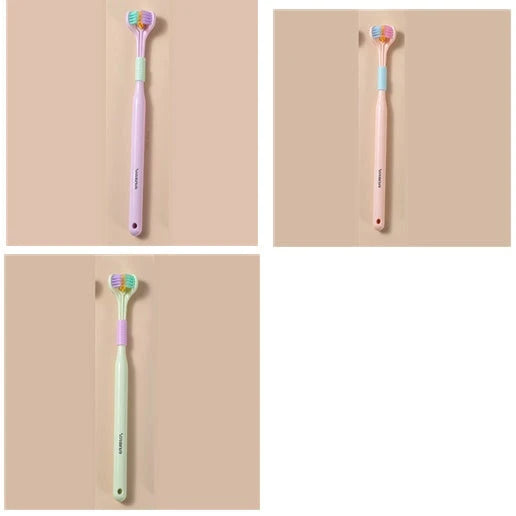 A soft bristle toothbrush with a unique triple-sided brush head for deep cleaning and customizable bristle firmness.