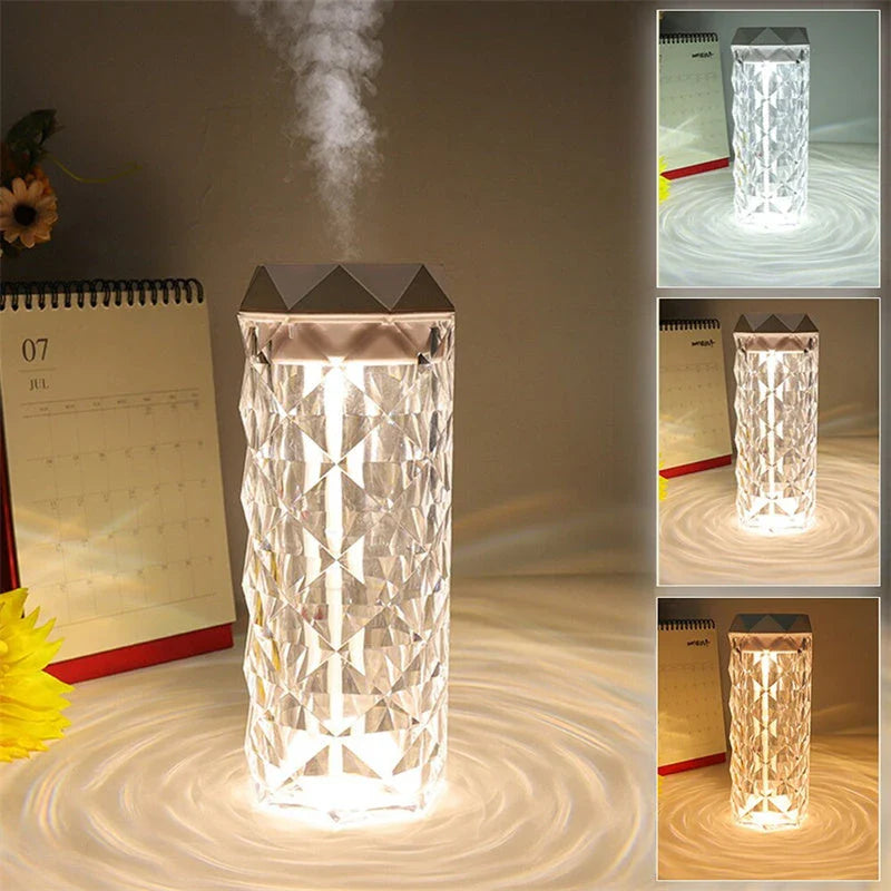 Crystal-like lamp humidifier with adjustable mist and lighting for a soothing, relaxing atmosphere