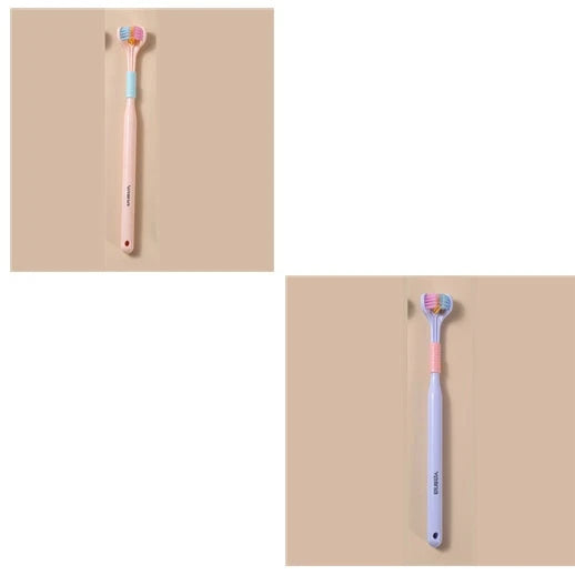 A soft bristle toothbrush with a unique triple-sided brush head for deep cleaning and customizable bristle firmness.