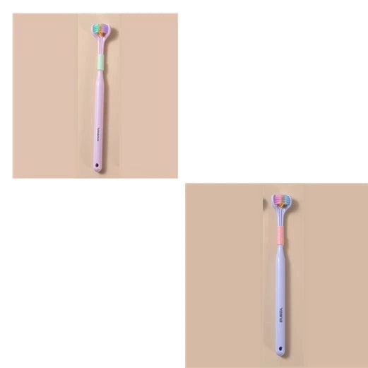 A soft bristle toothbrush with a unique triple-sided brush head for deep cleaning and customizable bristle firmness.