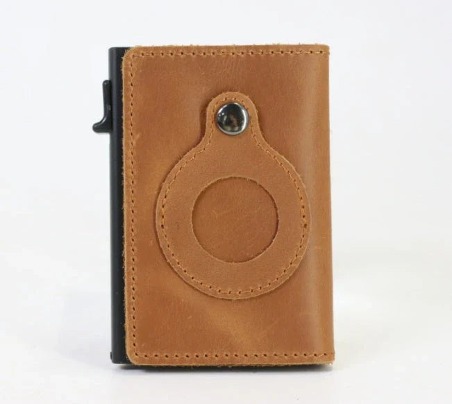 Premium leather wallet with built-in AirTag pocket and RFID blocking technology for secure everyday carry