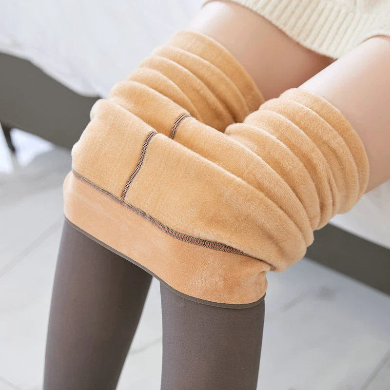 Cozy fleece-lined tights in various colors, featuring a unique translucent design and high-waisted fit for warmth and style.