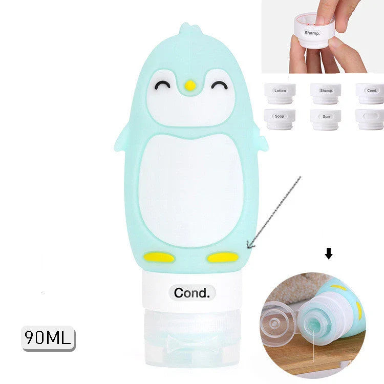 Portable animal-shaped silicone travel bottles for shampoo, shower gel, and lotion in various vibrant colors and designs