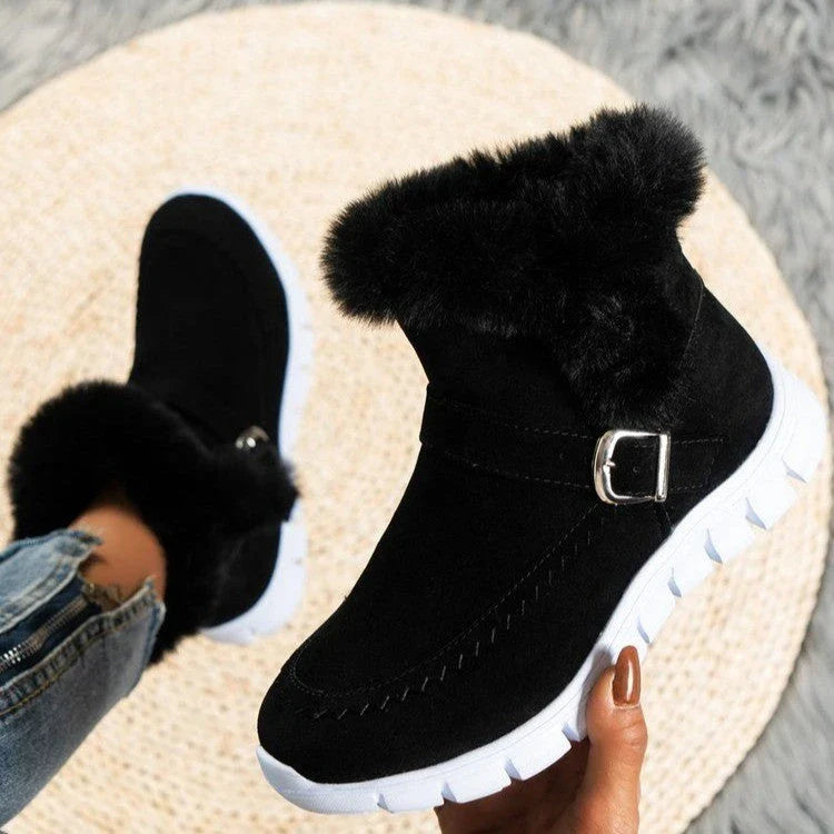 Plush ankle snow boots with buckle design and soft, warm lining for women in various color options