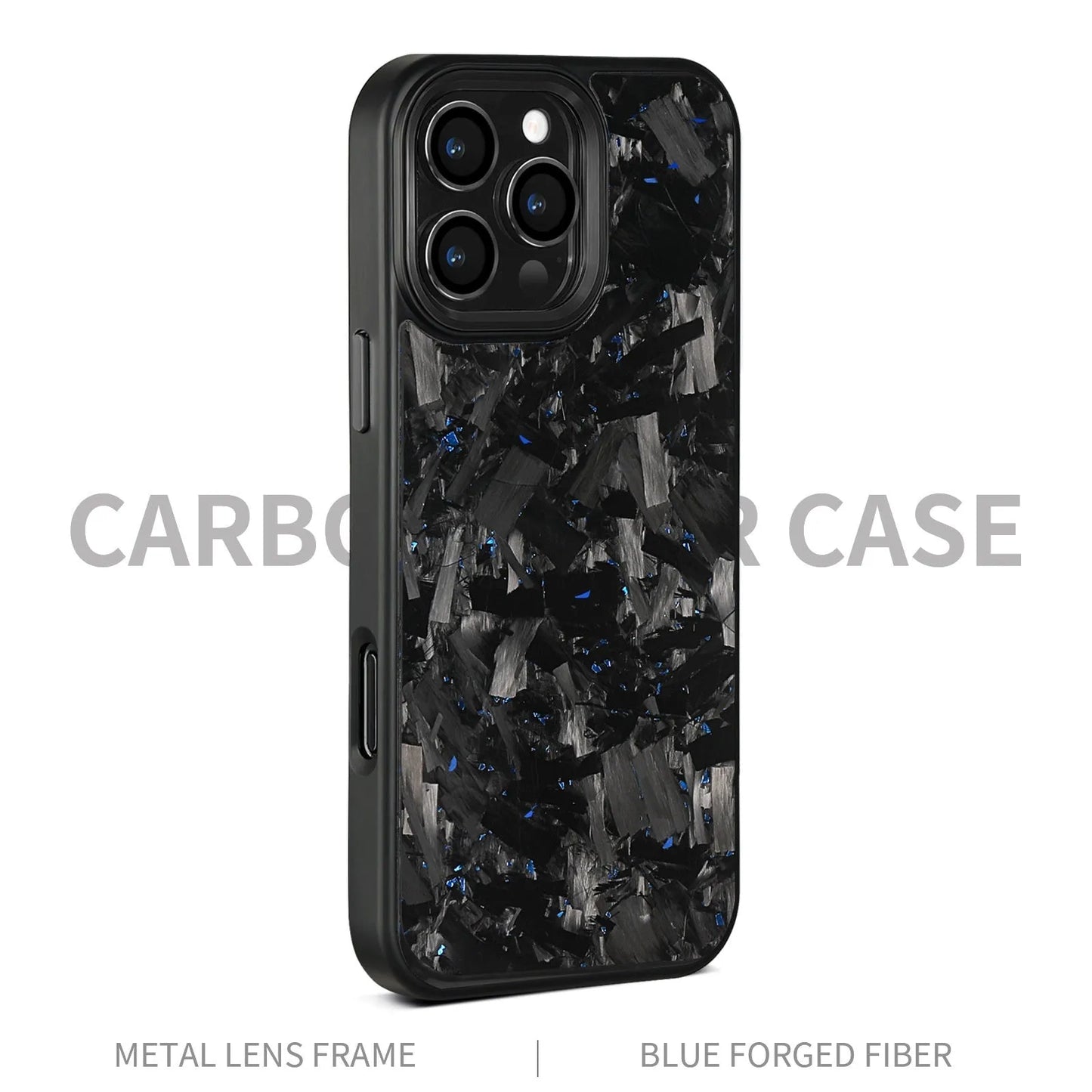 Metal frame forged pattern mobile phone protective shell in black with blue gold accents for iPhone 17