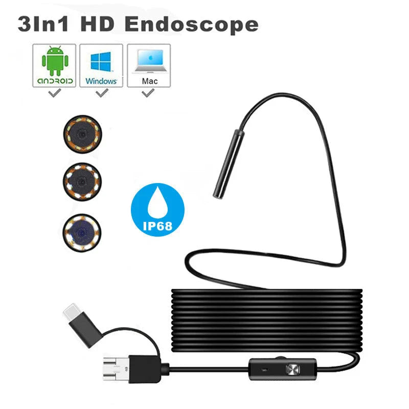 Versatile 3-in-1 smartphone endoscope camera with adjustable LED lighting, waterproof design, and various cord lengths for inspection and problem-solving
