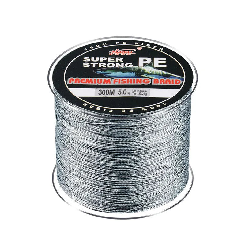 Spool of Dali Mayu 300 metre PE fishing line showing multiple colour options and line number thickness choices.
