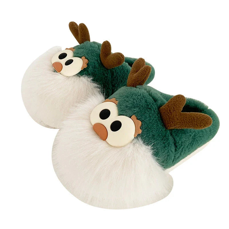 Cozy cartoon deer-themed plush slippers in various colors with thickened sole and half-covered heel for winter warmth and comfort