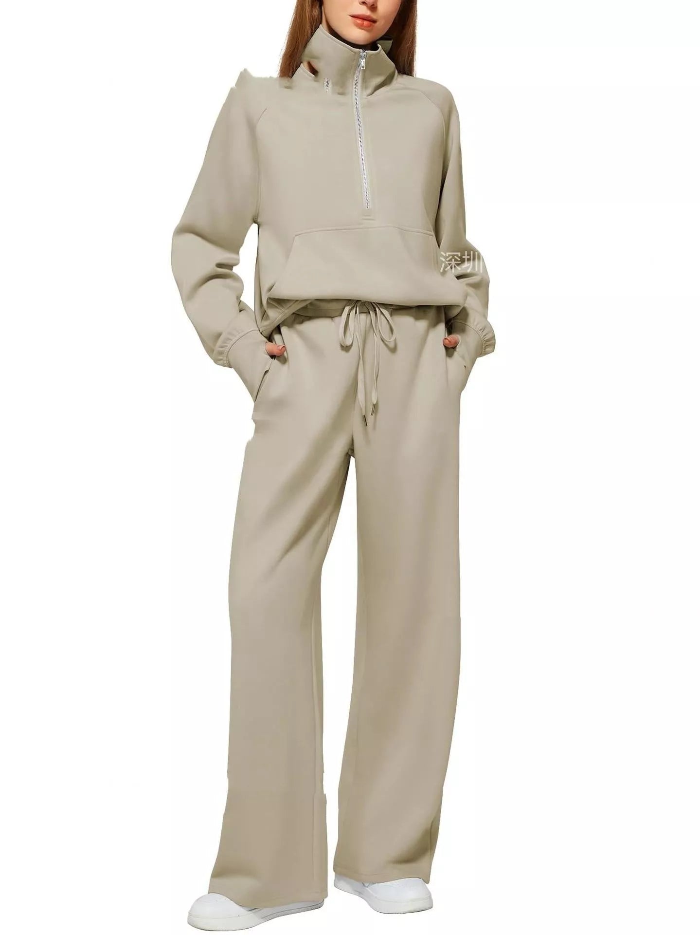 Women's solid colour long-sleeved sweater trousers suit in polyester, available in multiple colours and sizes.