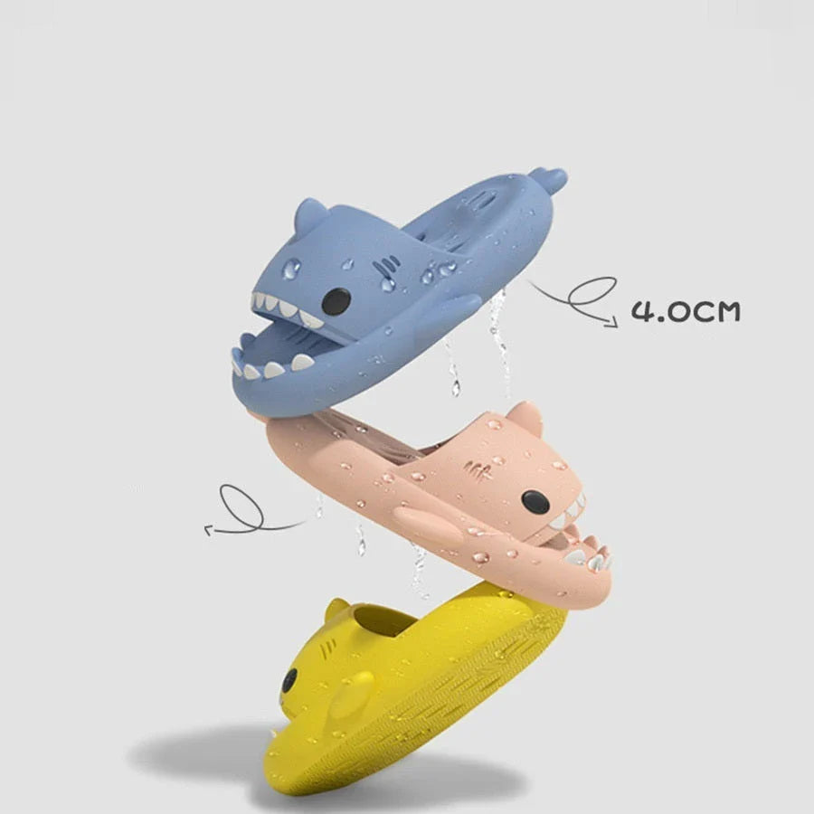 Stylish shark-themed shower slides with drainage holes and non-slip soles, made of lightweight and quick-drying EVA material