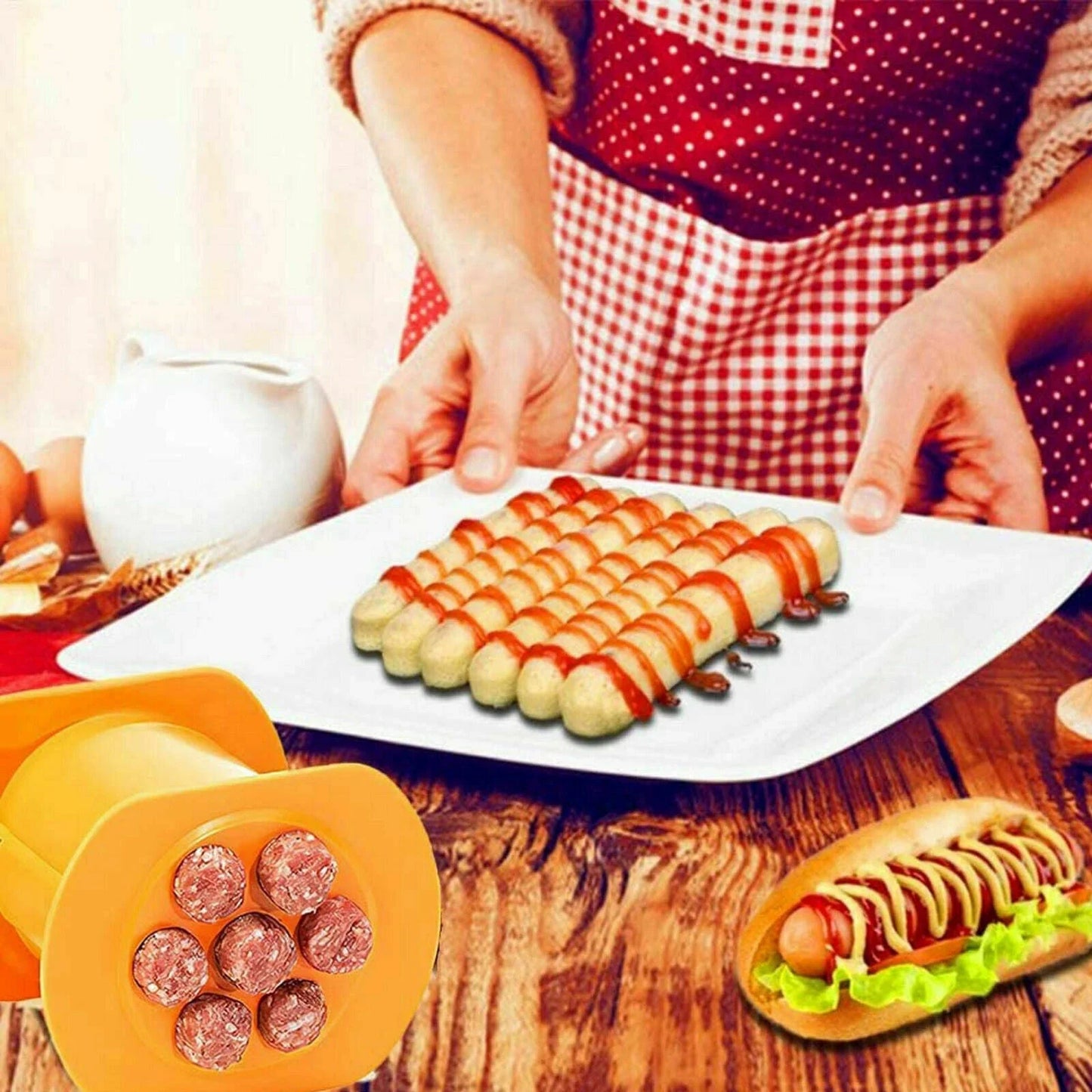 Versatile hot dog maker that can squeeze, stuff, and serve homemade sausages, pasta balls, and other DIY kitchen creations