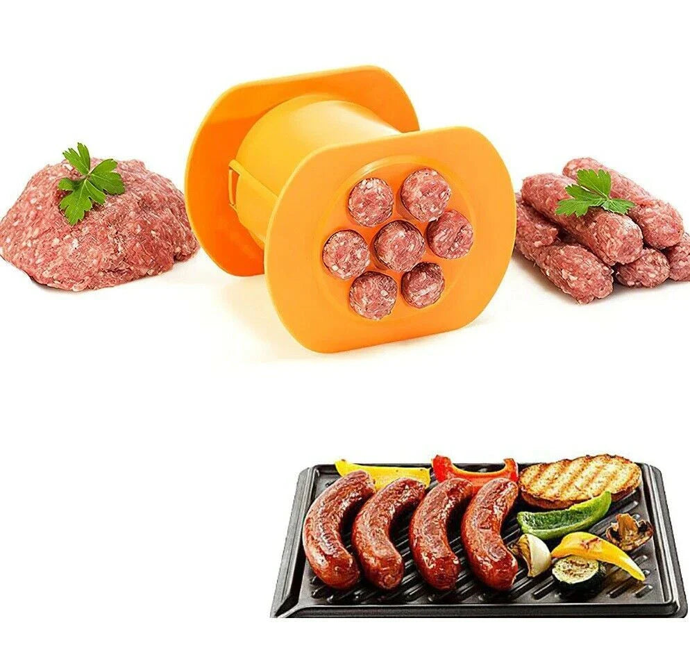 Versatile hot dog maker that can squeeze, stuff, and serve homemade sausages, pasta balls, and other DIY kitchen creations