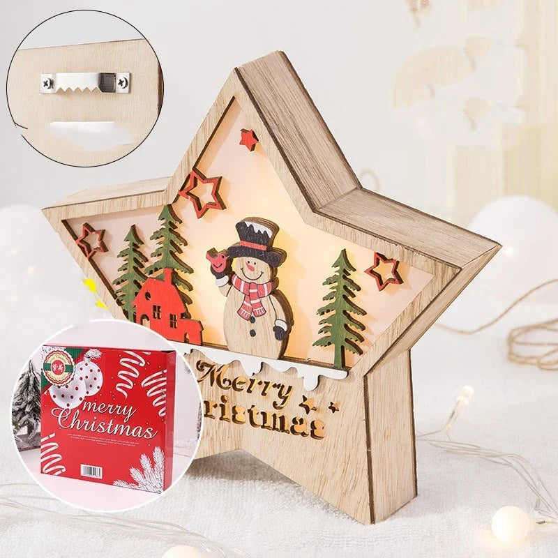 Wooden Christmas ornaments with luminous five-pointed star designs in various festive motifs, including snowmen and deer