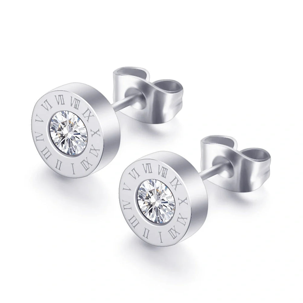 Elegant Roman numeral stud earrings crafted from premium titanium steel with sparkling zircon accents