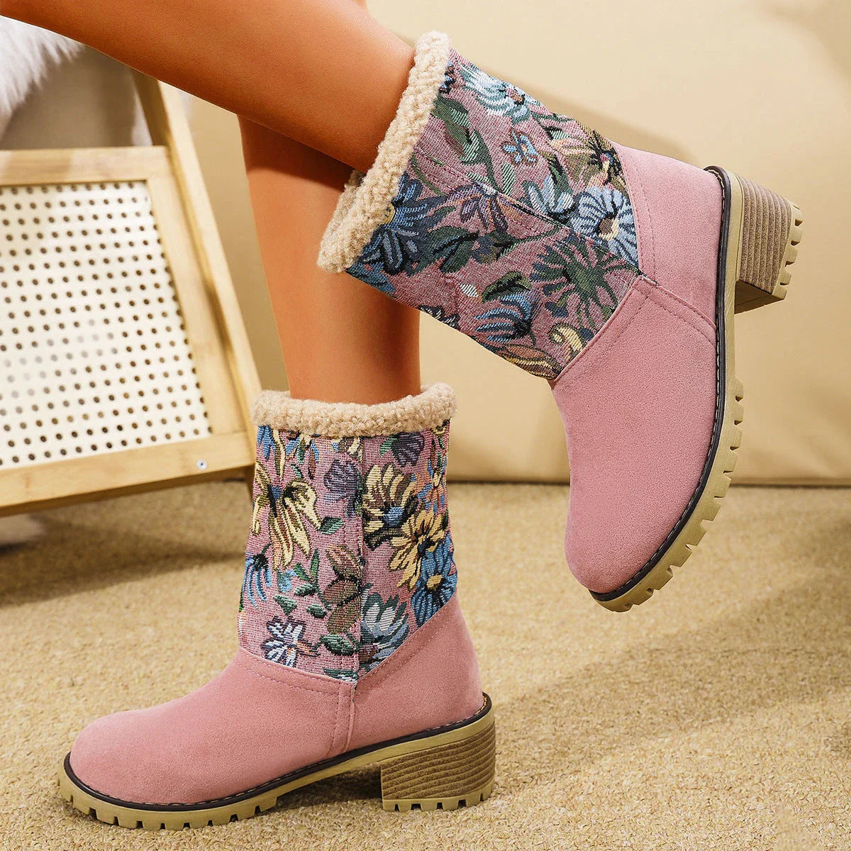 Elegant floral embroidered snow boots in various colors and sizes for women