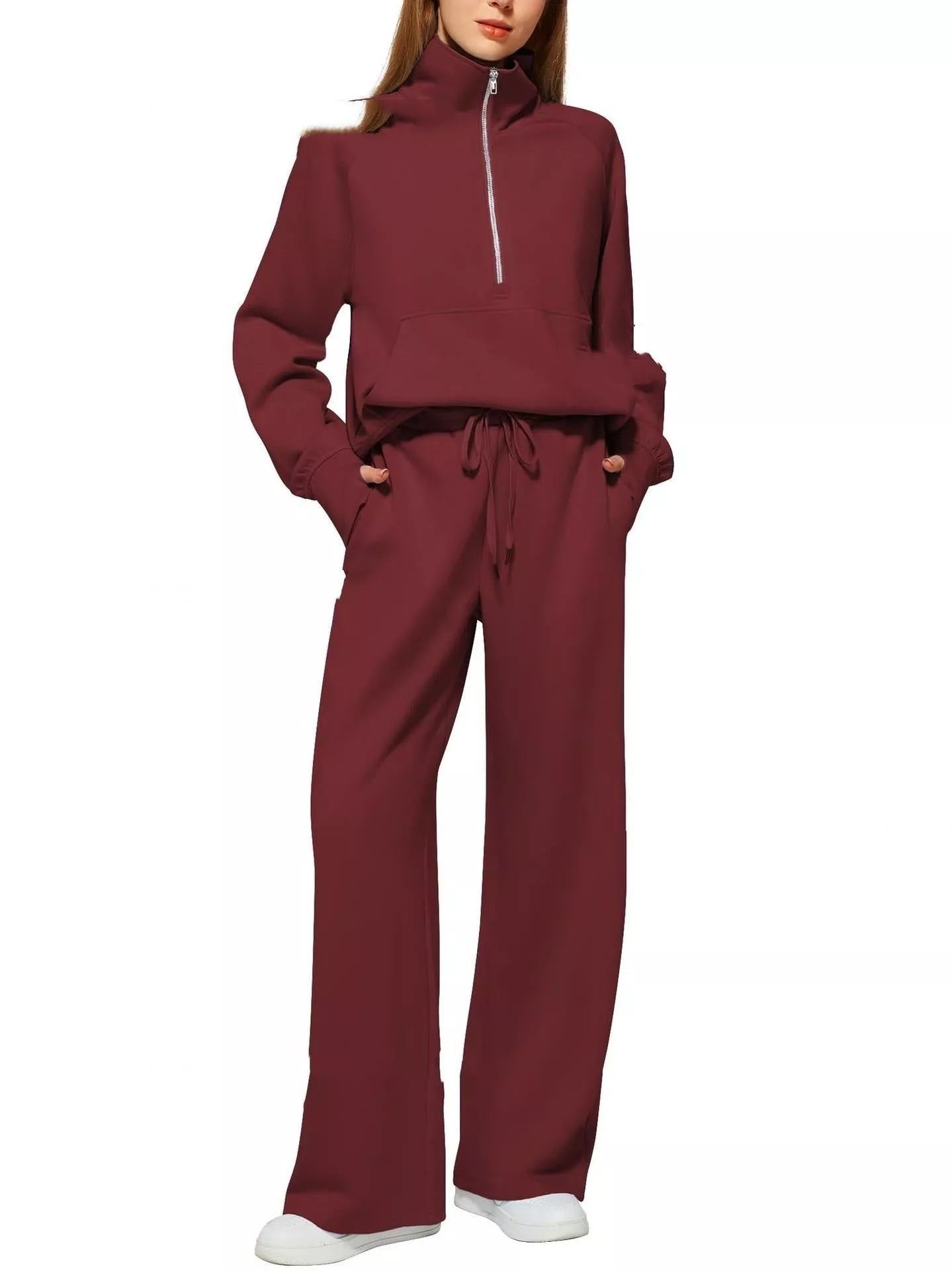 Women's solid colour long-sleeved sweater trousers suit in polyester, available in multiple colours and sizes.