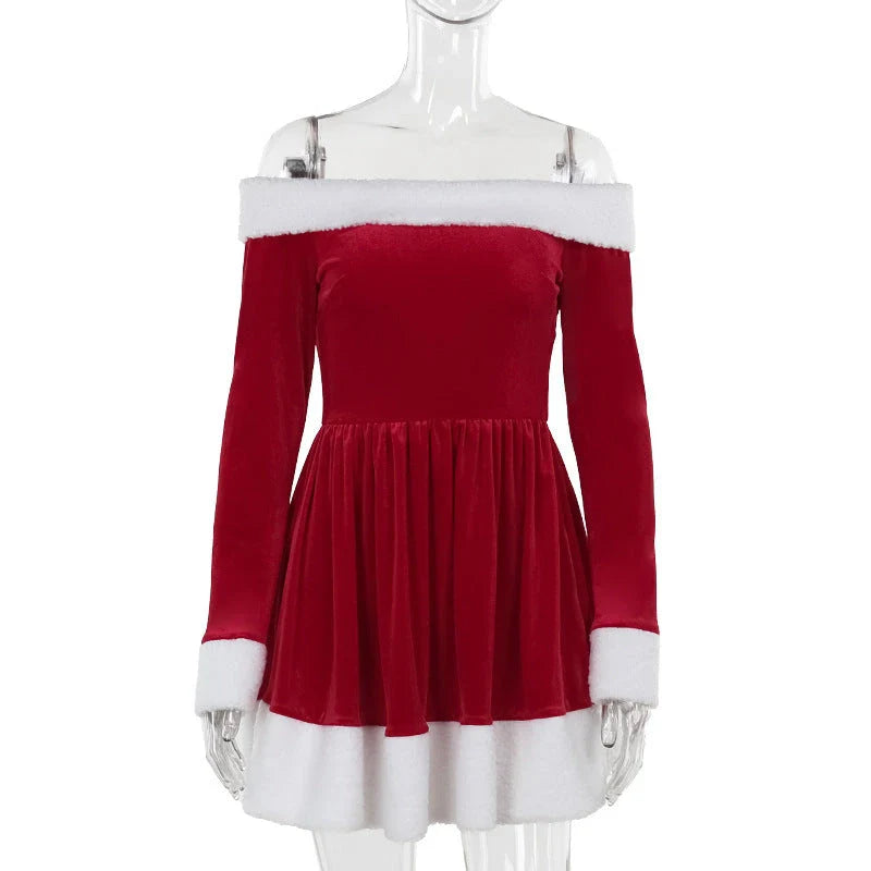 Women's festive Christmas Santa dress with plush trim, boat-neck off-the-shoulder design, and red color