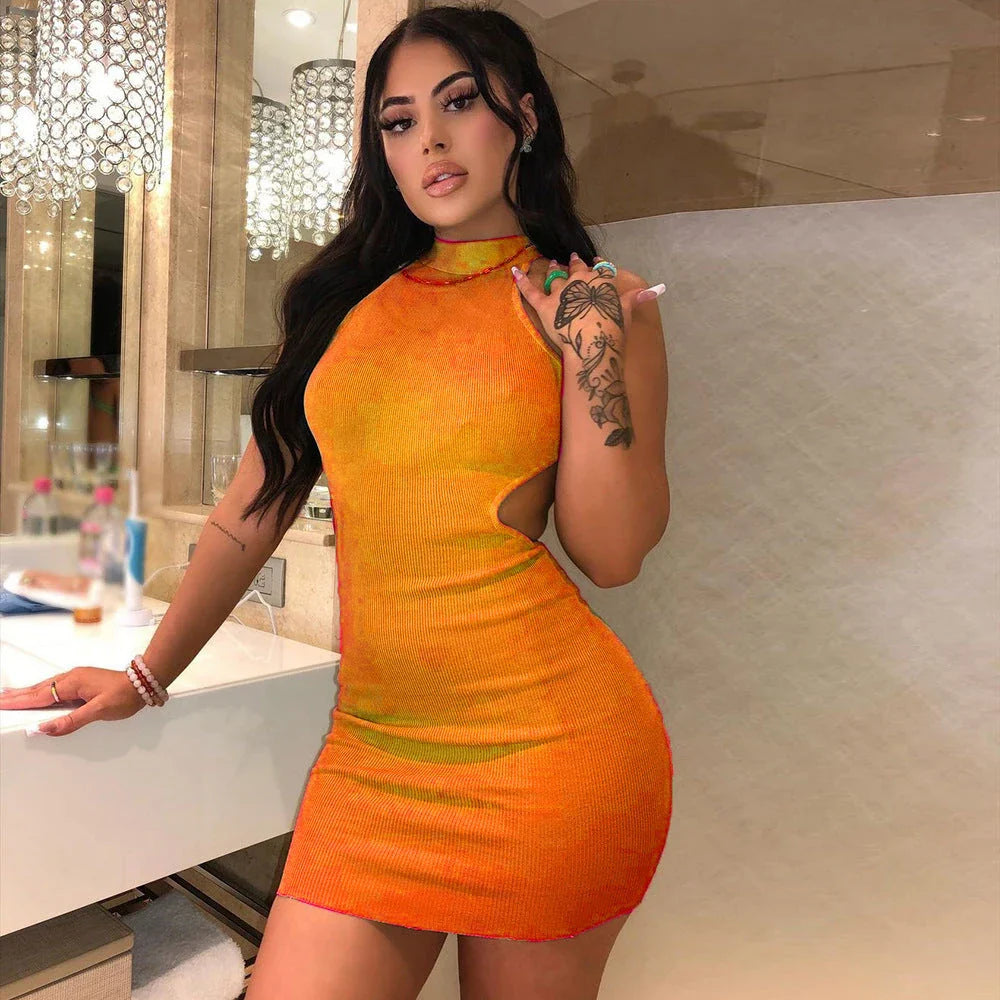 A high-neck cocktail dress with a unique cutout detail at the back, available in a variety of vibrant colors