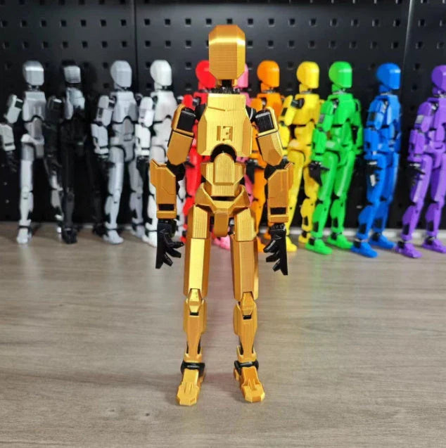 Customizable 3D printed multi-jointed action figure robot toy in various vibrant colors