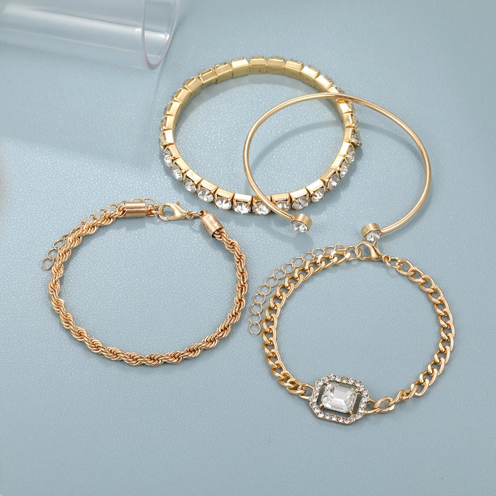 4-piece crystal bracelet set with boho-chic design, featuring sparkling rhinestones and adjustable alloy construction