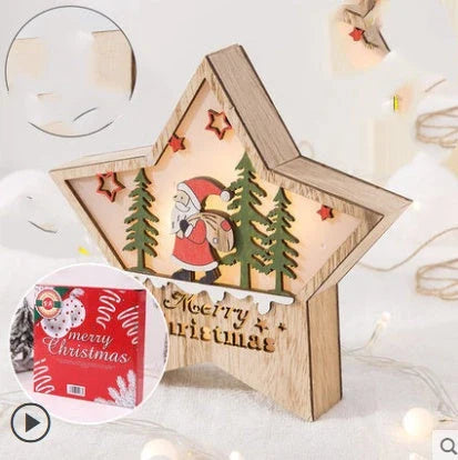 Wooden Christmas ornaments with luminous five-pointed star designs in various festive motifs, including snowmen and deer