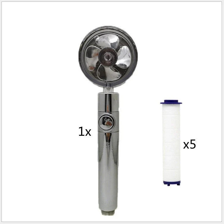 A high-pressure handheld shower head with a turbo-charged water flow and a cotton filter for a luxurious, spa-like bathing experience.
