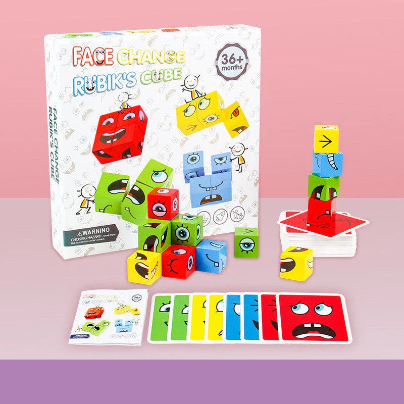 Clever Wooden Emoji Cube Puzzle - Educational Building Blocks for UK Children