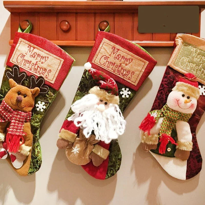 Premium Christmas stocking with 3D appliques of snowman, Santa, and reindeer for festive holiday decor