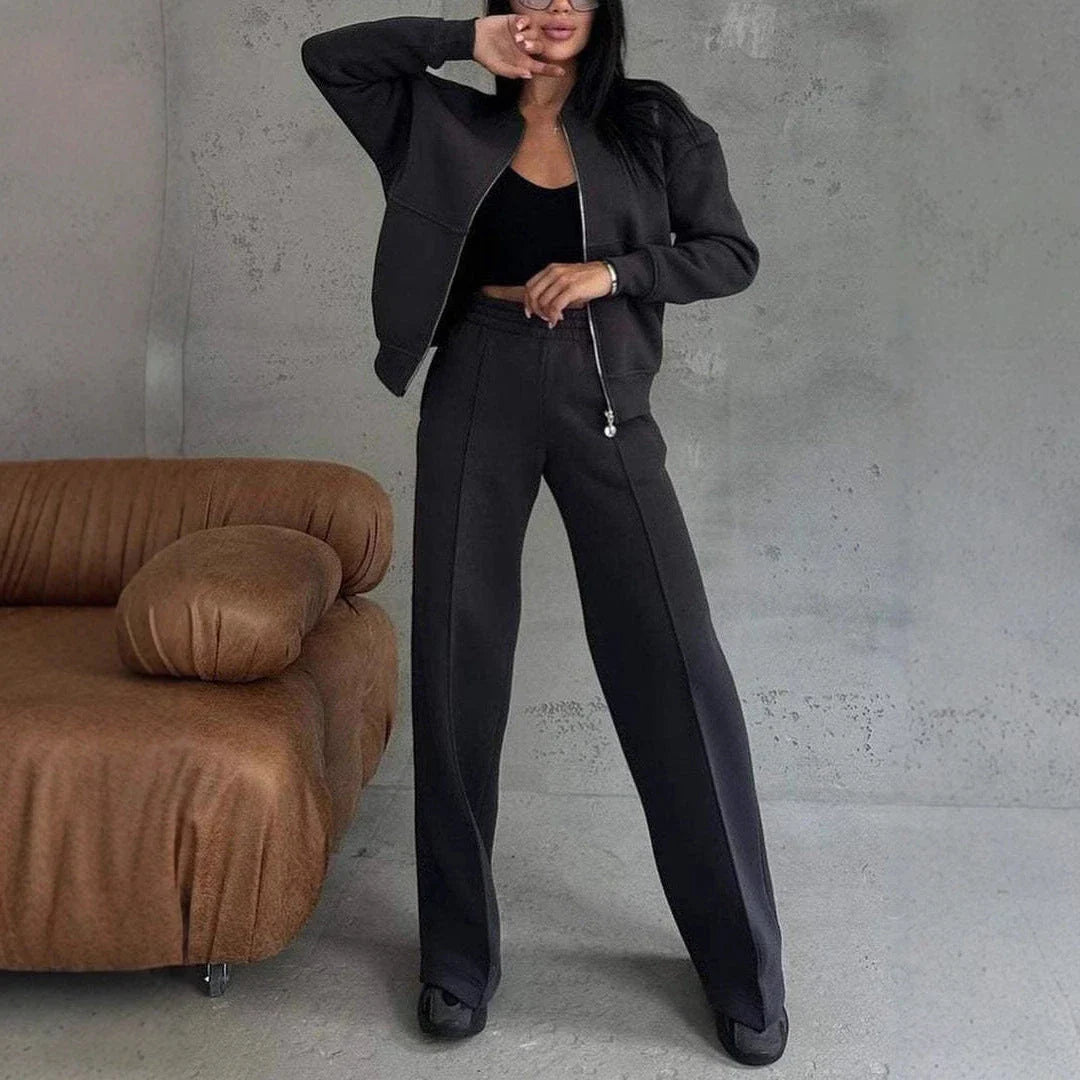 Women's stylish two-piece sports suit with zip-up jacket and wide-leg pants in a variety of colors