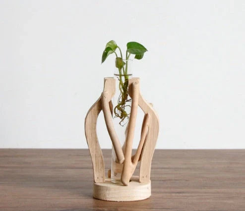 Handcrafted wooden vase with glass container for hydroponic floral displays and home decor