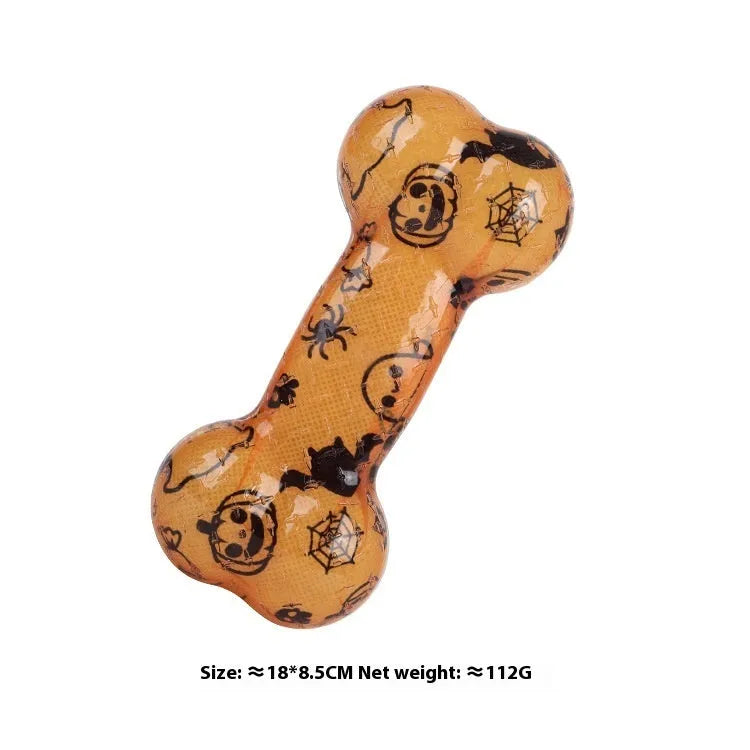 Printed bone TPR dog toy that squeaks when bitten in seasonal colours