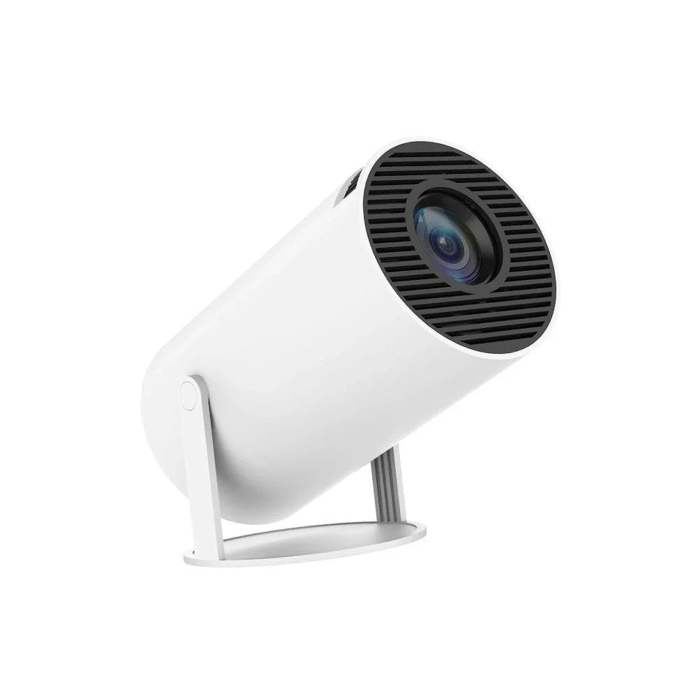 Portable home theater projector with 180-degree rotation, automatic focus, and wireless connectivity for an immersive viewing experience