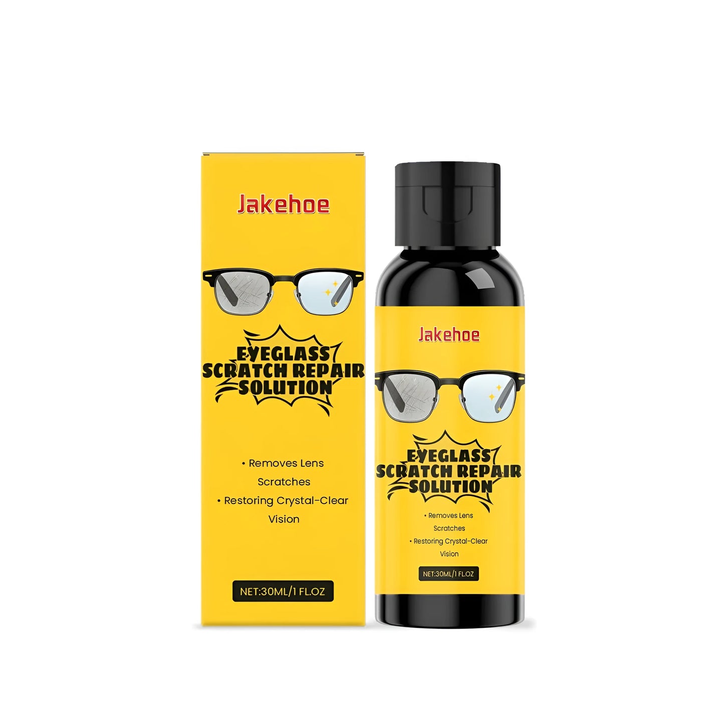 30ml bottle of eyeglass scratch repair solution with microfiber cloth for plastic and glass lenses