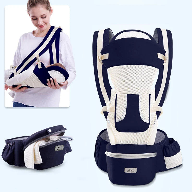 Versatile 3-in-1 baby carrier with 15 carrying positions, adjustable sunshade, and storage compartment for convenient parenting