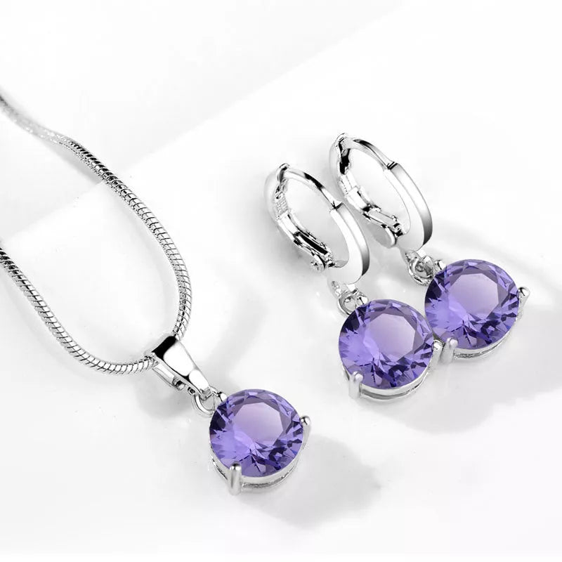 Zircon Water Drop Necklace and Earring Set with unique snake bone chain and mixed gem setting