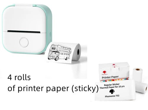 Compact Bluetooth-enabled thermal label printer in white, pink, and green colors with various label options