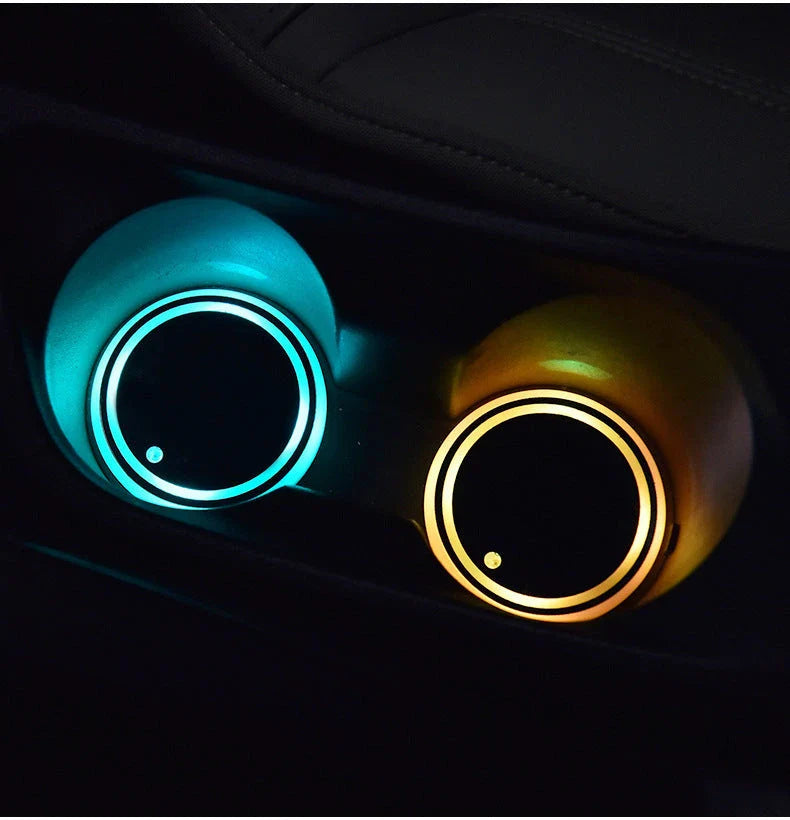 Stylish LED light-up car coaster with color-changing lights, USB and solar charging, and non-slip design