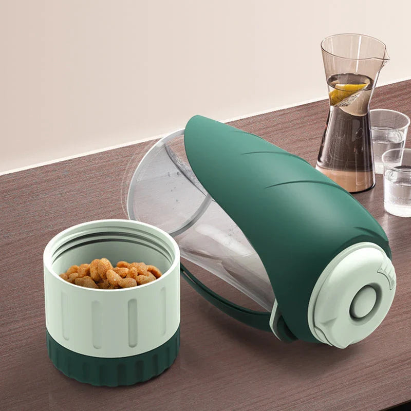 Multifunction pet water bottle with collapsible feeding bowl in green, grey, and blue colors for hydrating and feeding pets during travel and outdoor activities