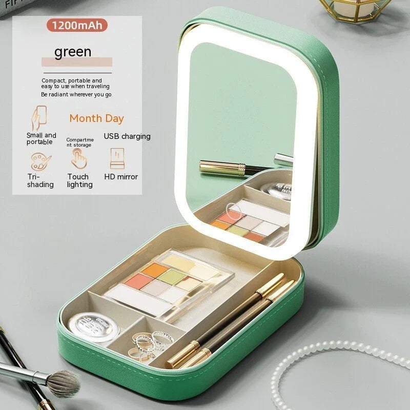 Elegant lighted makeup organizer with adjustable LED mirror, compact storage compartment, and touch-sensitive brightness control