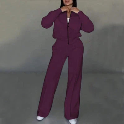 Women's stylish two-piece sports suit with zip-up jacket and wide-leg pants in a variety of colors
