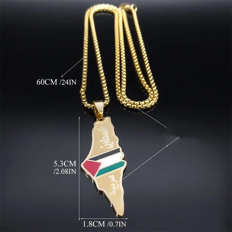 Stainless steel pendant necklaces featuring the intricate outlines of Israel and Palestine maps in silver and gold tones