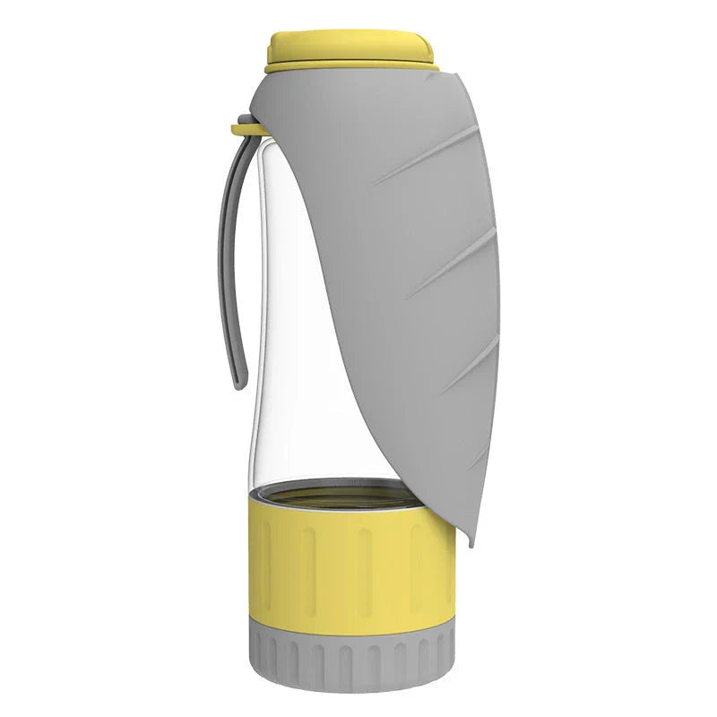 Multifunction pet water bottle with collapsible feeding bowl in green, grey, and blue colors for hydrating and feeding pets during travel and outdoor activities