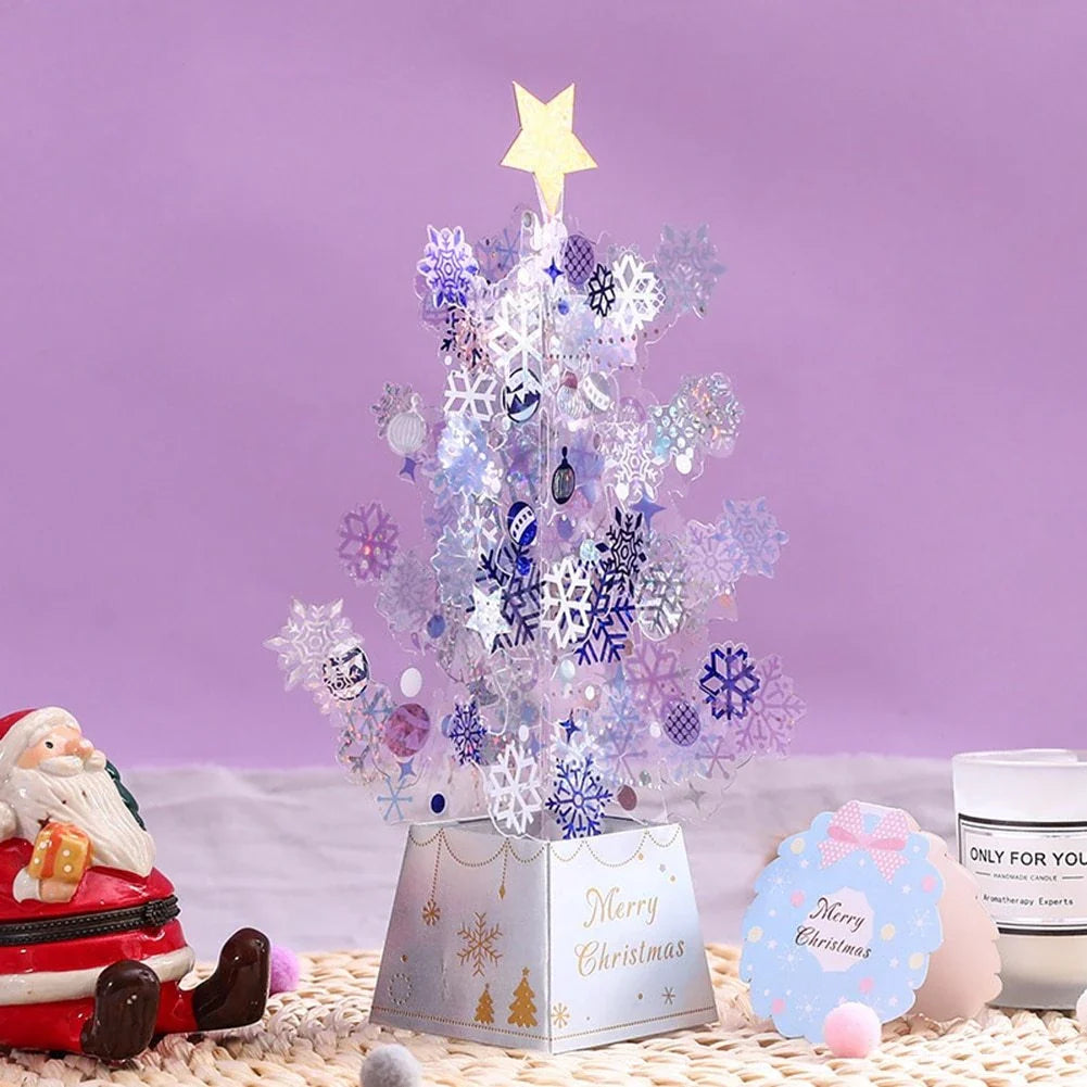 Elegant 3D pop-up Christmas tree greeting card with shimmering snowflake sequins